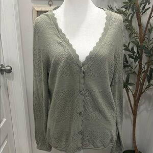 Frye Light Sage Green Scallop-Edge Button Cardigan Sweater